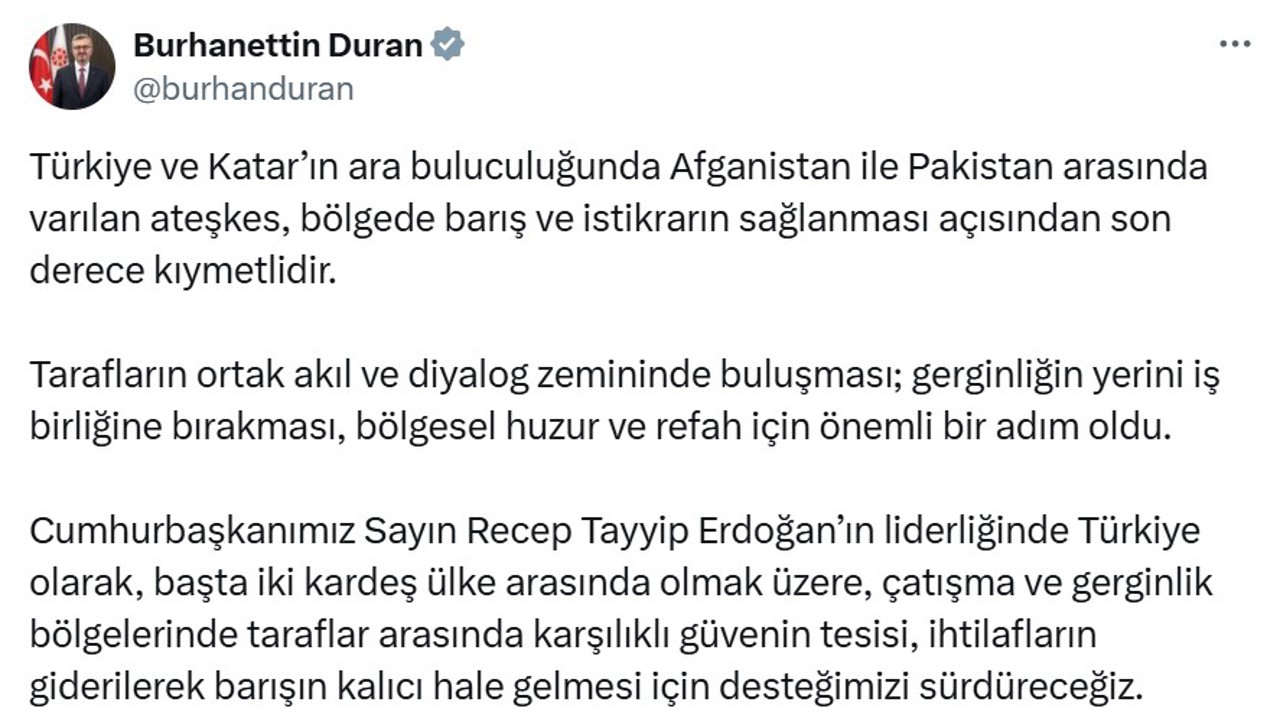 Burhanettin Duran’dan Afganistan-Pakistan ateşkesi açıklaması
