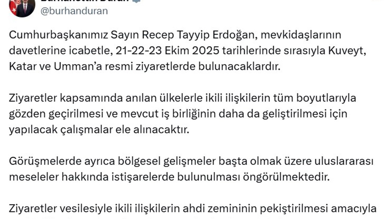 Cumhurbaşkanı Erdoğan, Kuveyt, Katar ve Umman’ı ziyaret edecek
