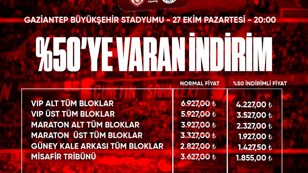 Gaziantep FK - Fenerbahçe maçı biletleri yüzde 50 indirimli satışta
