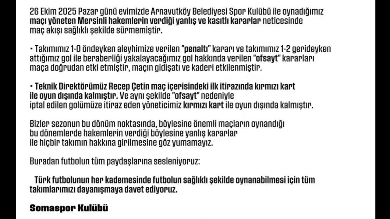 Somaspor’dan maçın hakemlerine tepki
