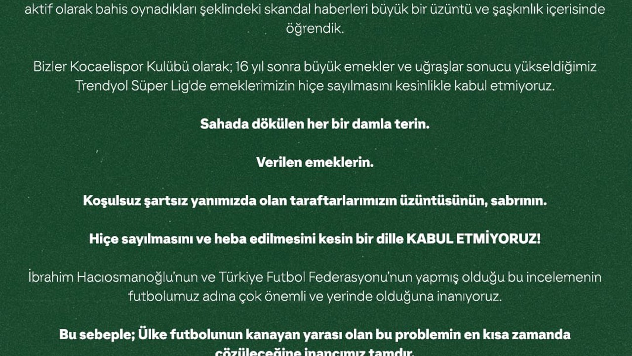 Bahis tartışmalarına Kocaelispor da dahil oldu
