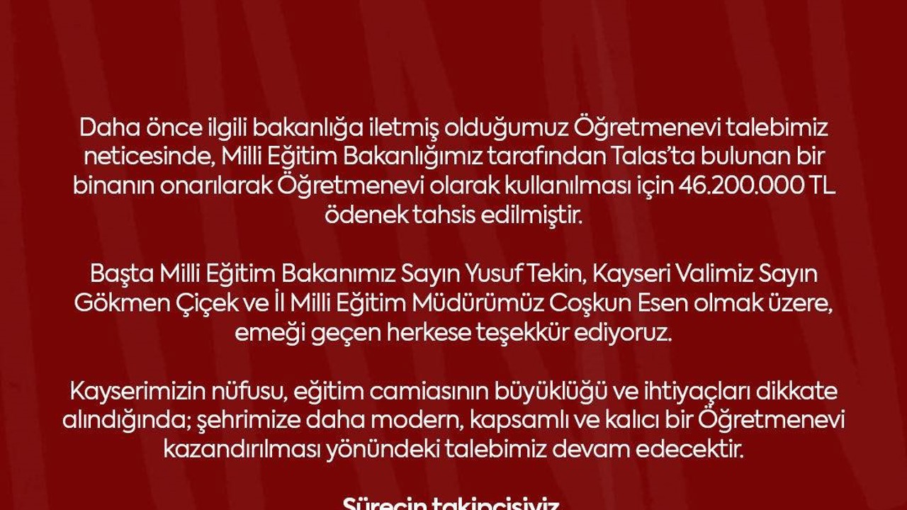 MHP’li Ersoy’dan Kayseri’ye ‘öğretmenevi’ müjdesi
