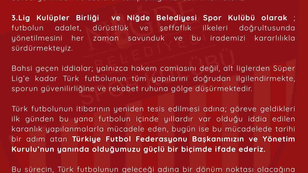 Niğde Belediyespor’dan TFF’ye destek
