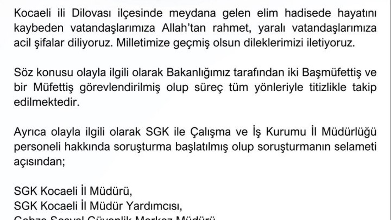 Çalışma ve Sosyal Güvenlik Bakanlığı Kocaeli’ndeki yangına ilişkin 7 kişiyi açığa aldı
