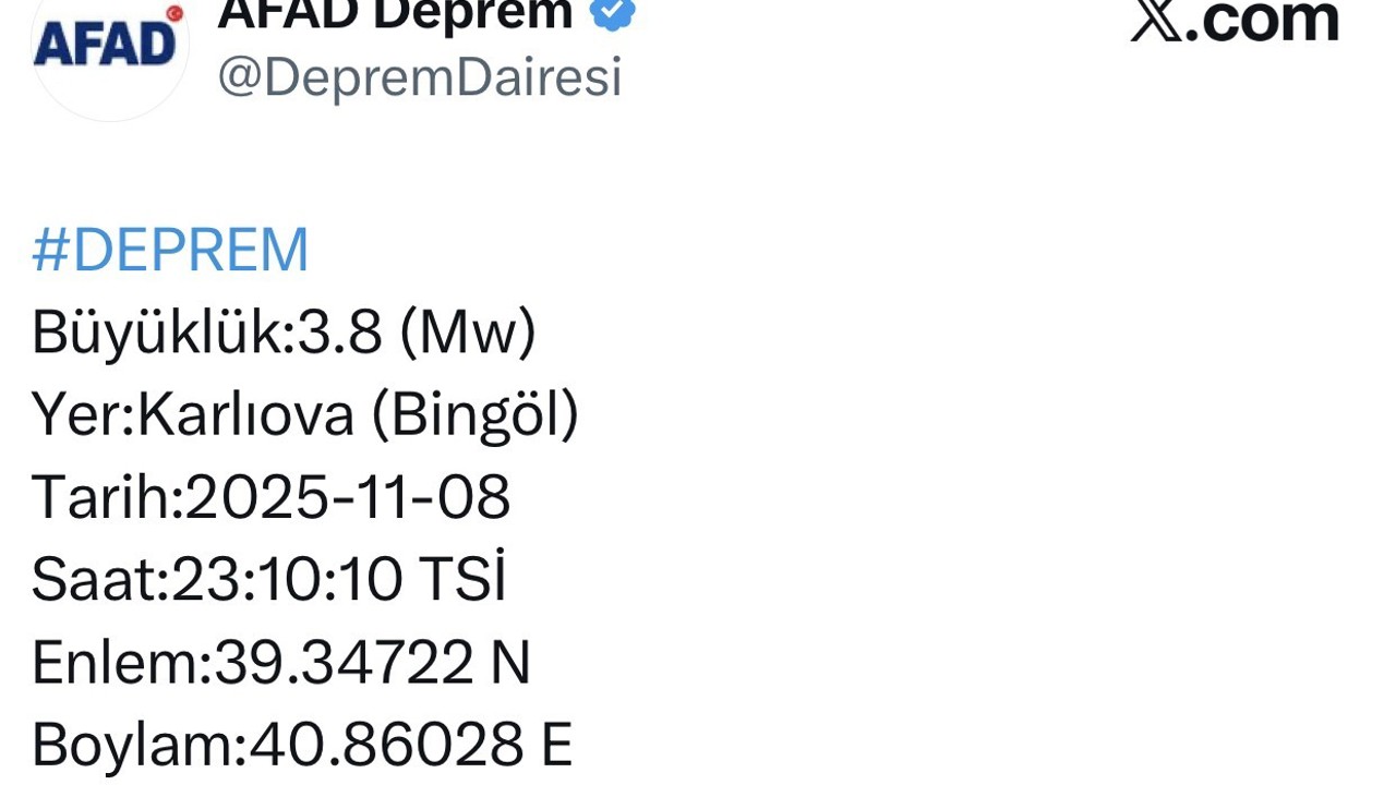 Bingöl’de 3.8 büyüklüğünde deprem
