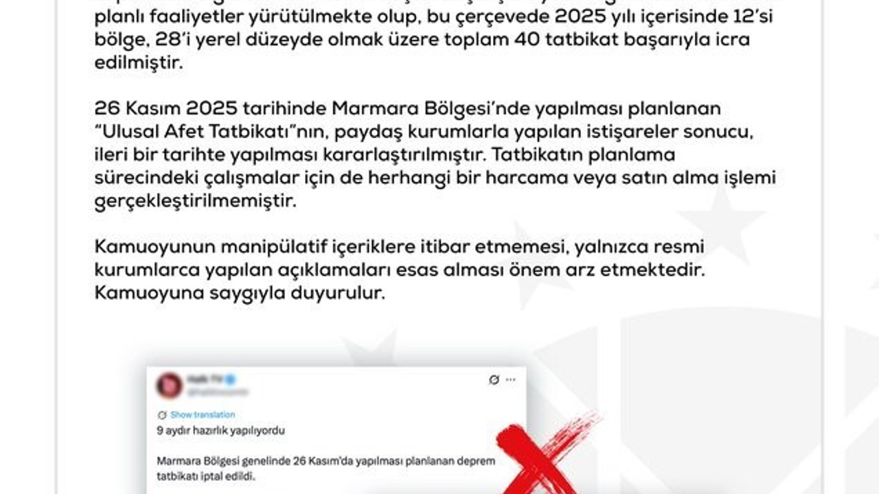 Dezenformasyonla Mücadele Merkezi’nden ‘Büyük Marmara Depremi Tatbikatı İçişleri Bakanlığı tarafından iptal edildi’ iddialarına yalanlama
