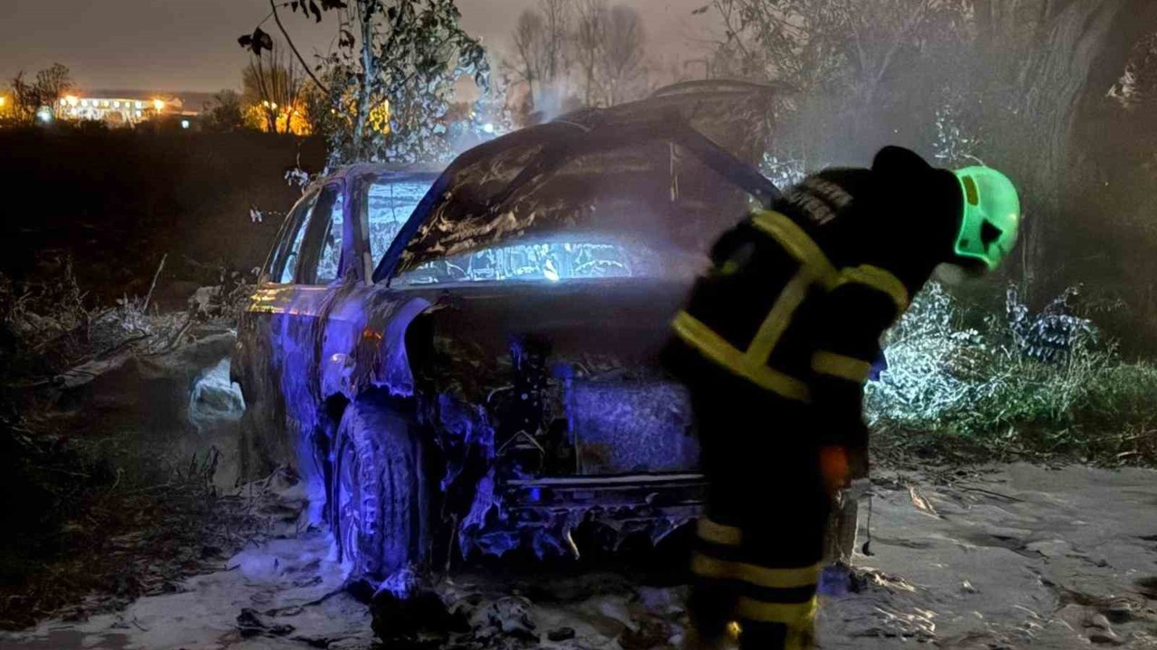 Tarlada park halindeki otomobil alev topuna döndü, geriye demir yığınları kaldı
