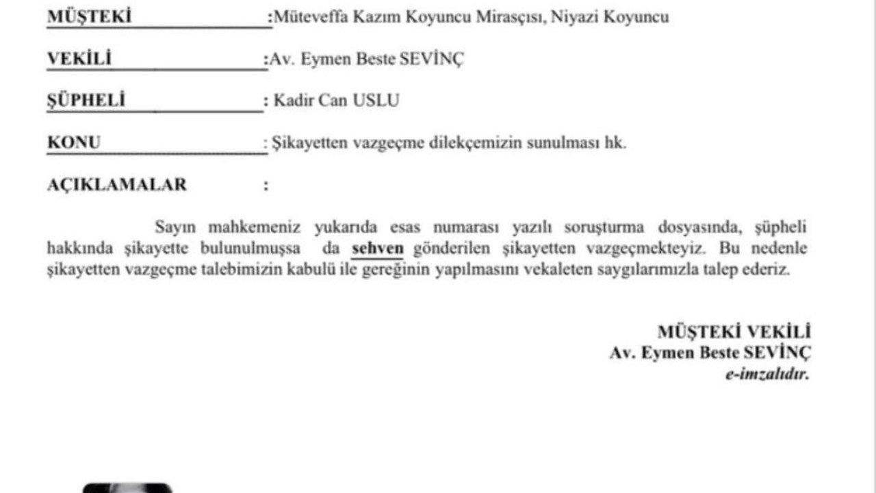 Kazım Koyuncu’nun mirasçısı Niyazi Koyuncu öğretmen hakkındaki telif şikayetini geri çekti
