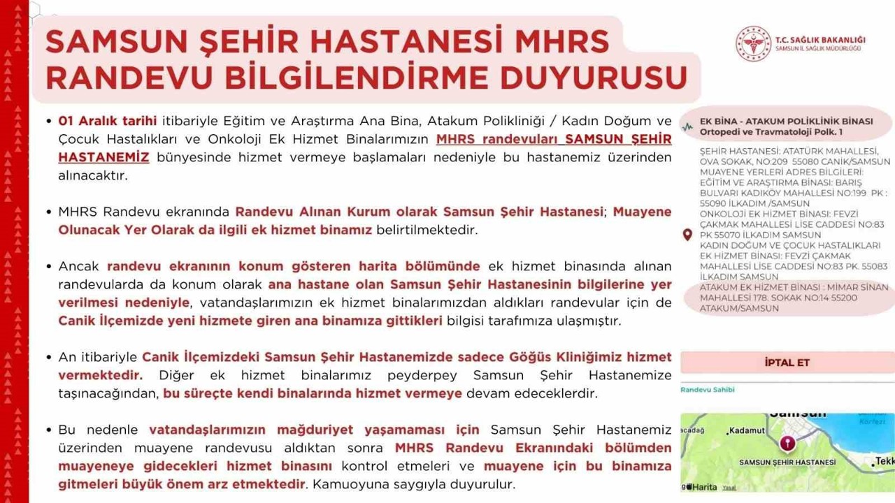Samsun Şehir Hastanesi randevularında "hizmet binası karışıklığı"na dikkat
