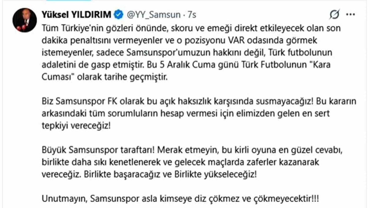 Yüksel Yıldırım: "Samsunspor asla kimseye diz çökmez ve çökmeyecek"
