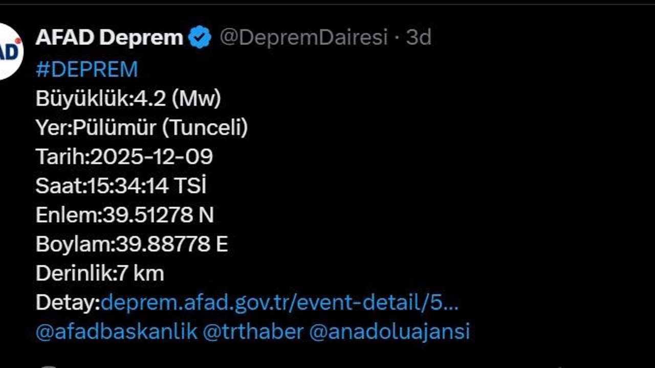 Tunceli’de 4.2 büyüklüğünde deprem
