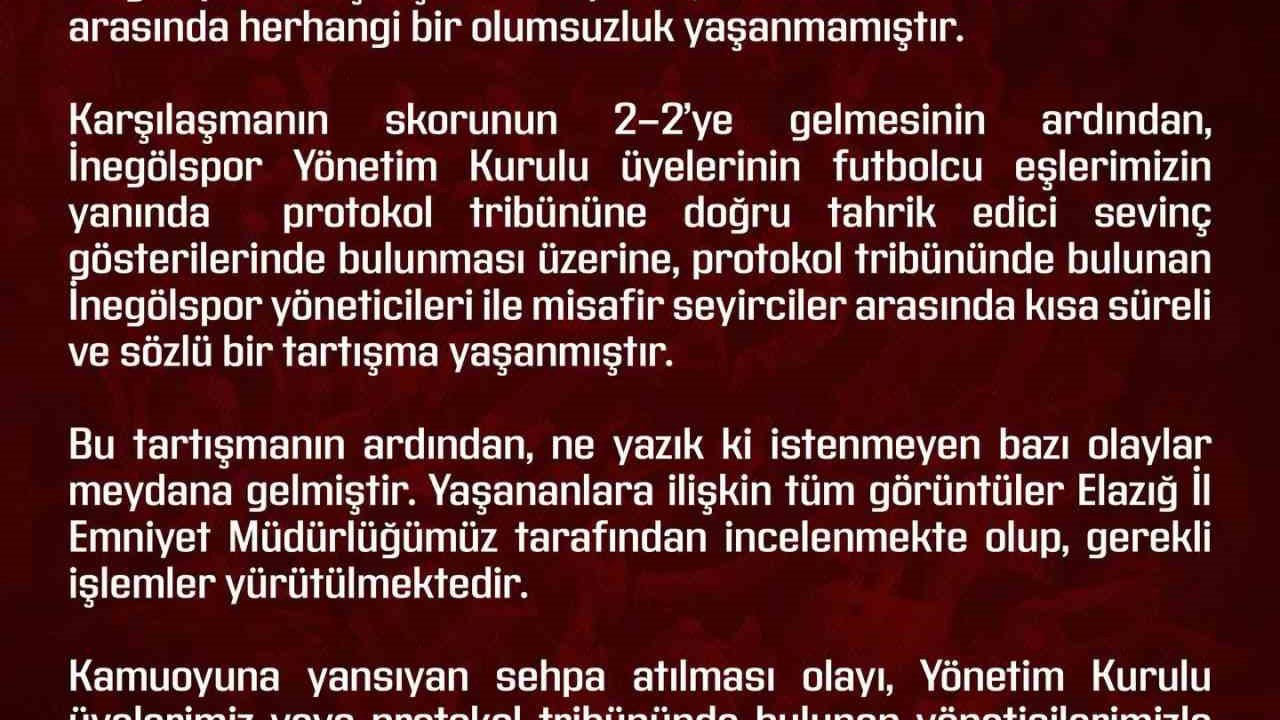 Elazığspor’dan olaylara ilişkin açıklama
