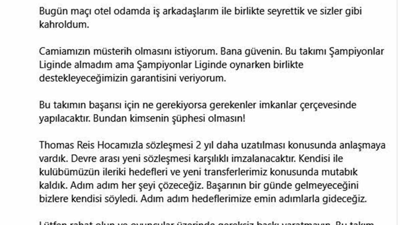 Yüksel Yıldırım: "Thomas Reis ile 2 yıllık sözleşme yenileyeceğiz"

