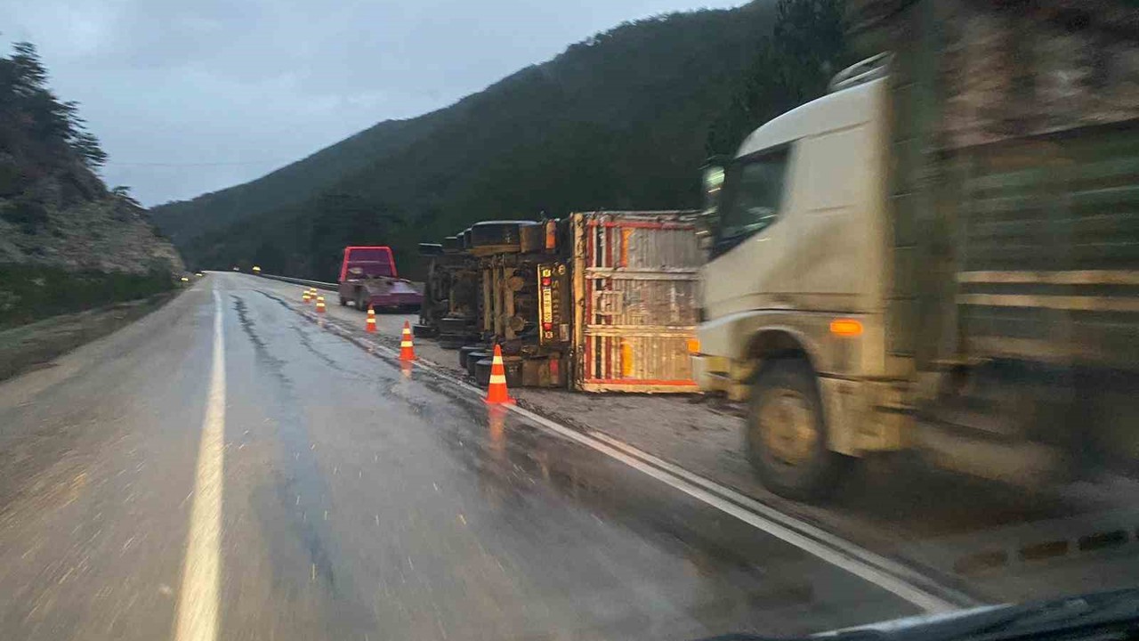 Bolu’da odun yüklü tır devrildi
