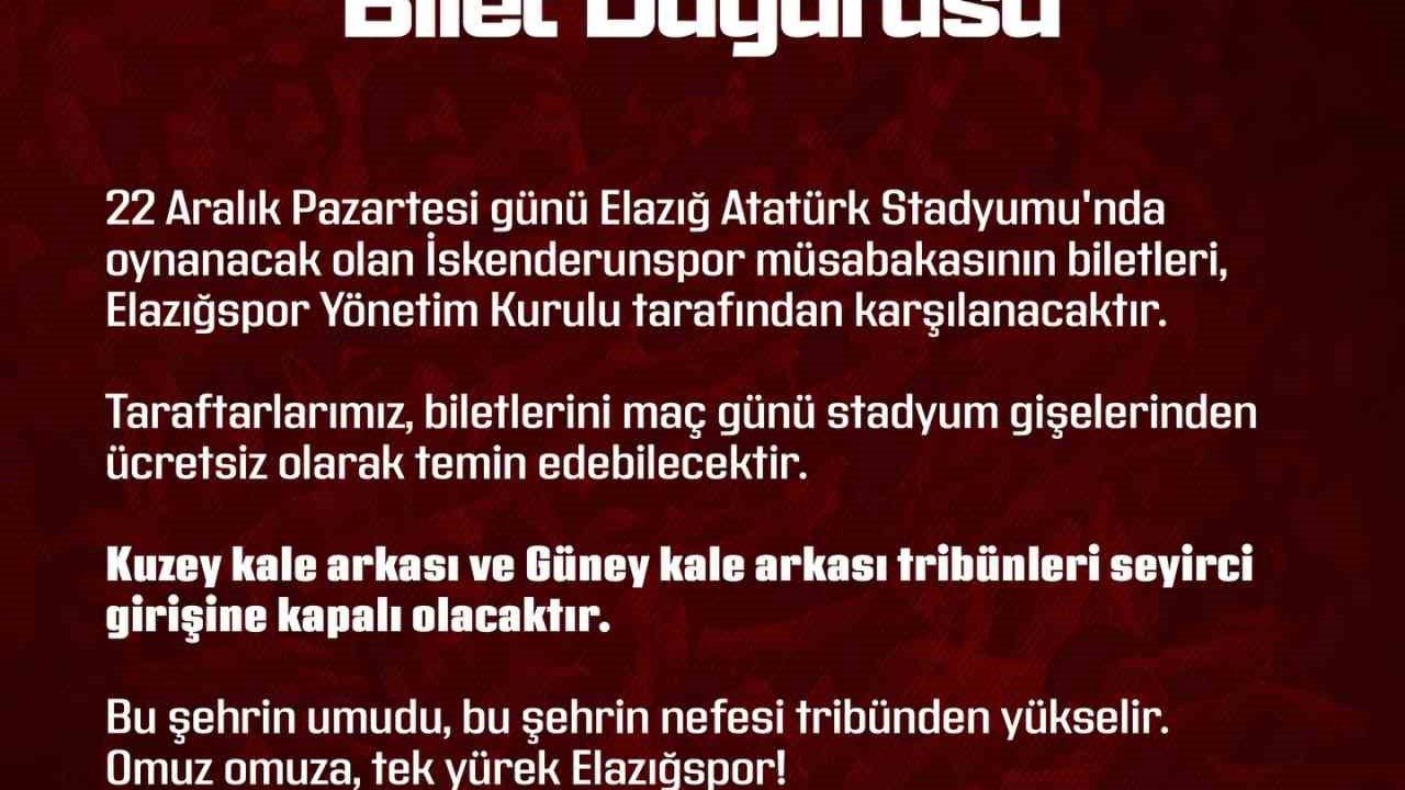 Elazığspor yönetimi, İskenderunspor maçının biletlerini ücretsiz dağıtacak
