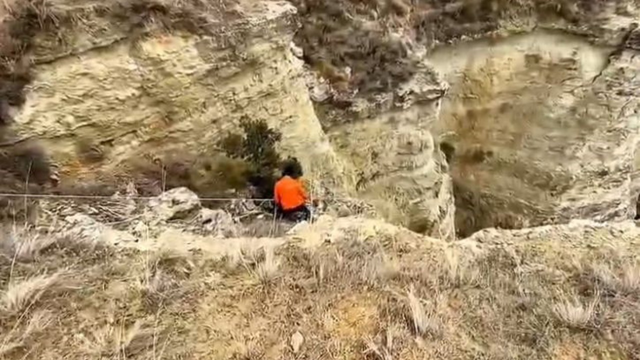 Uçurumda mahsur kalan köpeklerini halatla inerek kendi imkanlarıyla kurtardılar
