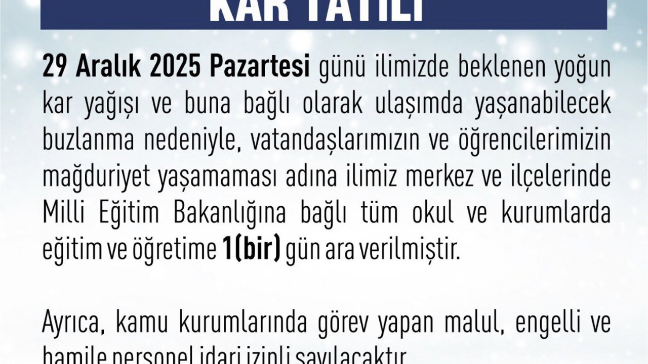 Elazığ’da eğitim-öğretime 1 gün ara verildi

