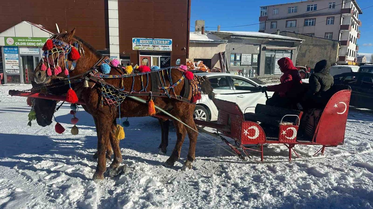 Atlı kızaklar donan göl için hazırlandı
