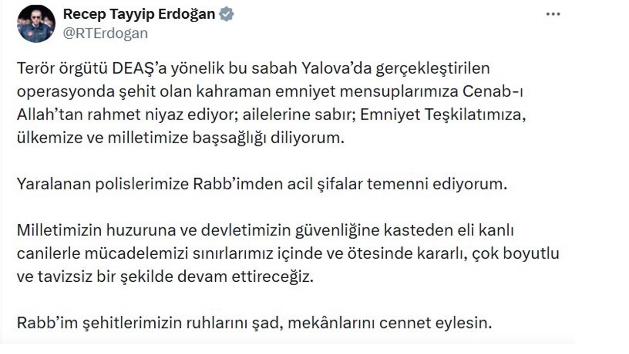 Cumhurbaşkanı Erdoğan: "Eli kanlı canilerle mücadelemizi sınırlarımız içinde ve ötesinde kararlı bir şekilde devam ettireceğiz"
