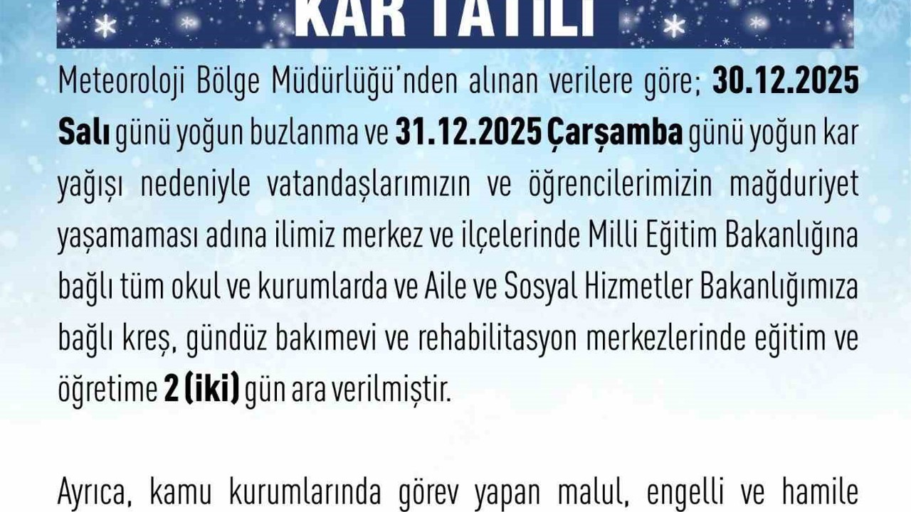 Elazığ’da eğitime 2 gün ara verildi
