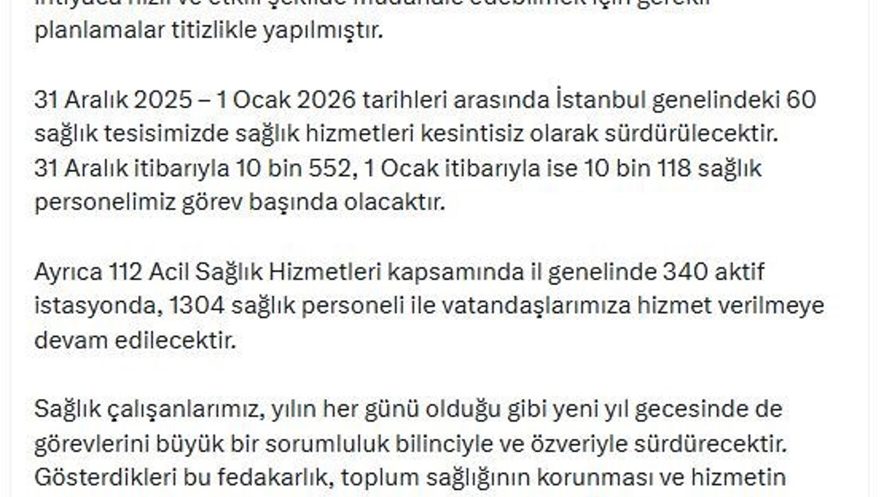 İstanbul’da yılbaşı hazırlığı: 31 Aralık’ta 10 bin 552 sağlık çalışanı görevinin başında olacak

