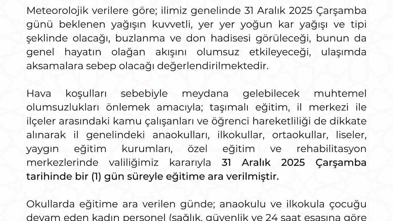 Kayseri’de eğitime 1 gün ara verildi
