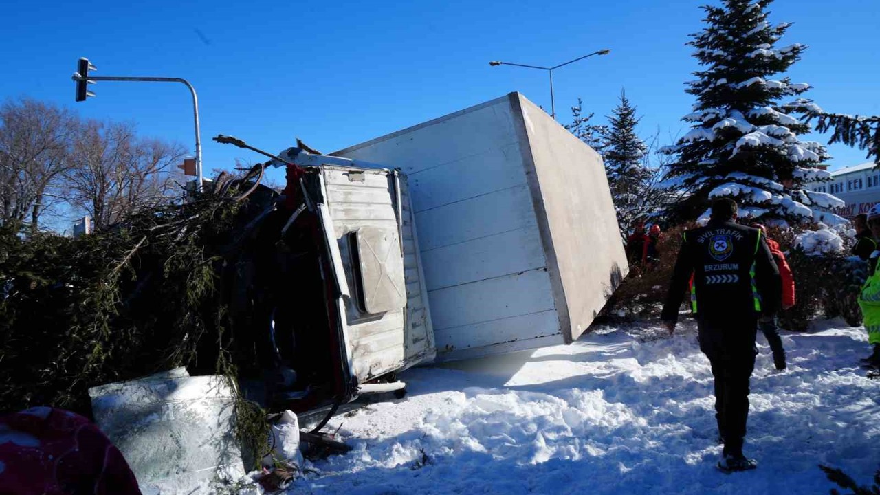Işıklarda duramayan kamyon devrildi, çarptığı ağacı kökünden söktü
