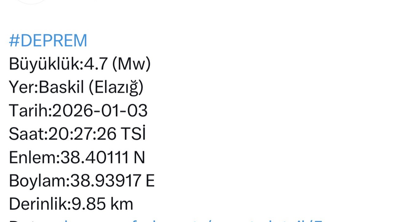 Elazığ’da 4.7 büyüklüğünde deprem
