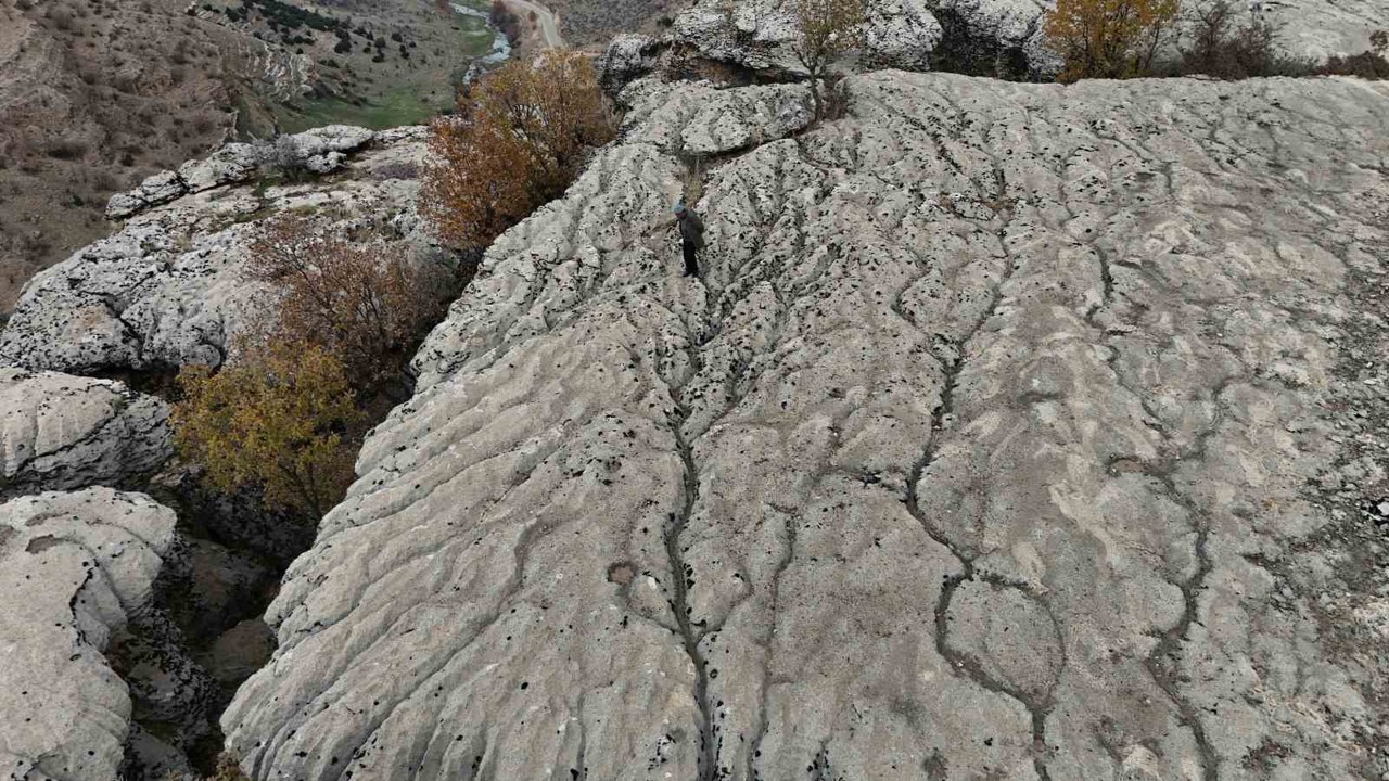 Yaklaşık 20 bin yılın sonunda kimyasal yönden aşınan taşın üzerinde su kollarının minyatürü ortaya çıktı
