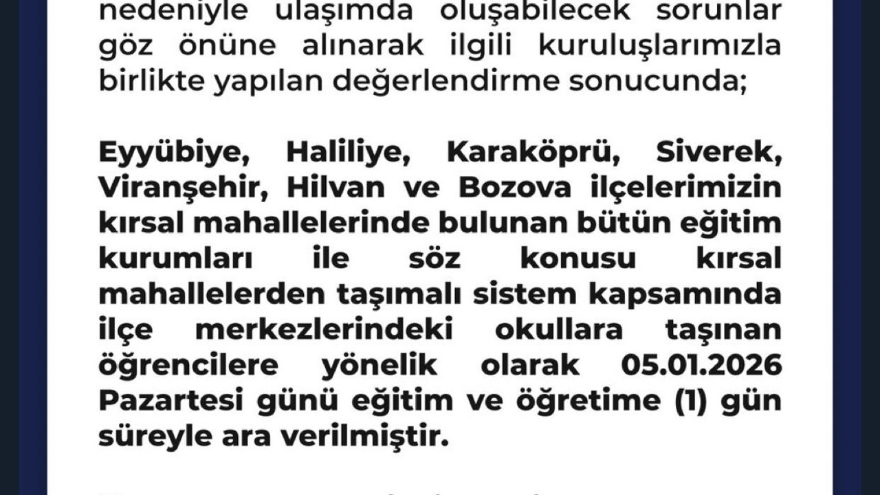 Şanlıurfa’da bazı ilçelerin kırsal bölgedeki okulları tatil edildi
