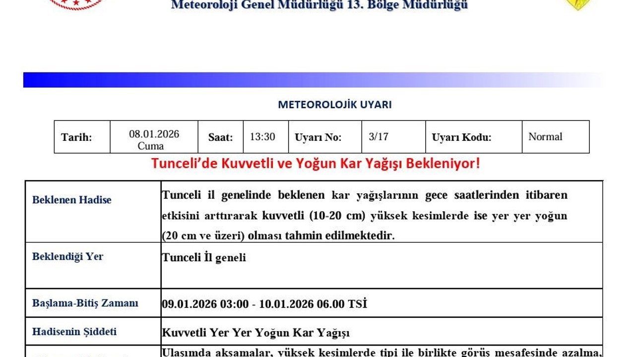 Tunceli için kuvvetli ve yoğun kar uyarısı
