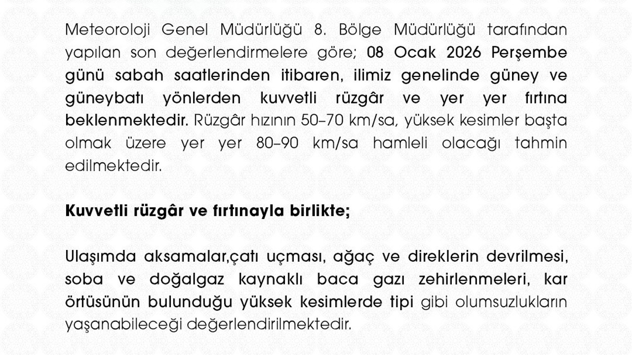 Niğde Valiliği’nden kuvvetli rüzgar ve fırtına uyarısı
