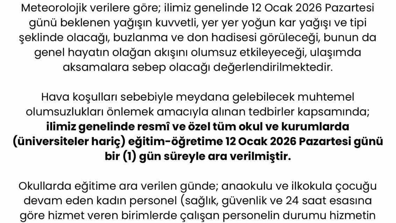 Sakarya’da eğitime kar tatili
