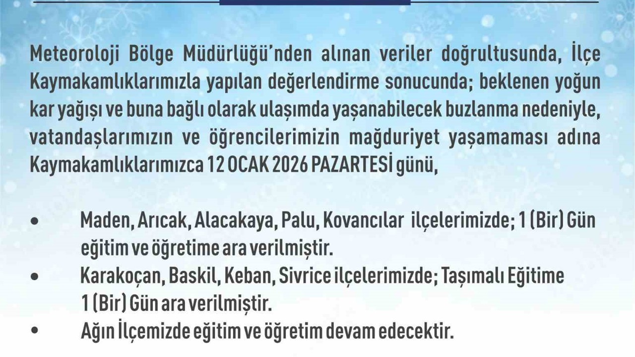 Elazığ’da 5 ilçede eğitim-öğretime ara verildi
