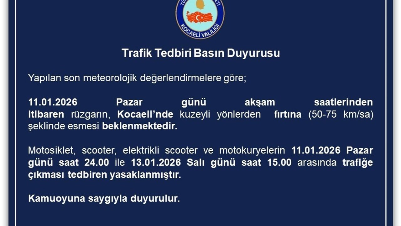 Kocaeli’de motosiklet, scooter ve motokuryelerin trafiğe çıkışı yasaklandı
