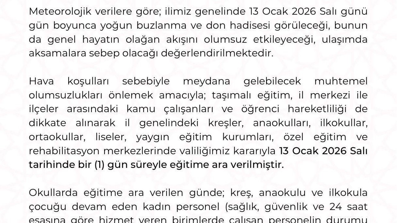 Kayseri’de eğitime 1 gün ara verildi
