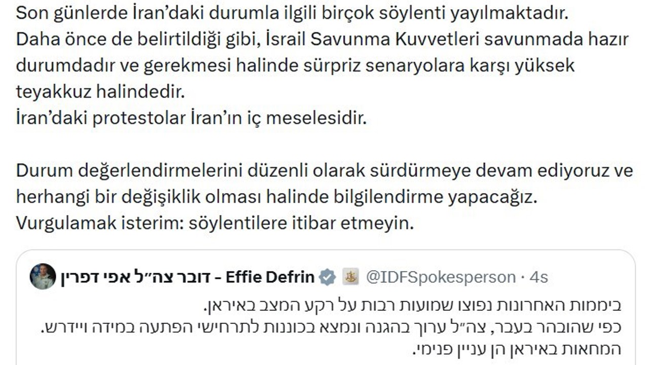 İsrail ordusundan İran açıklaması: "Sürpriz senaryolara karşı yüksek teyakkuz halindeyiz"
