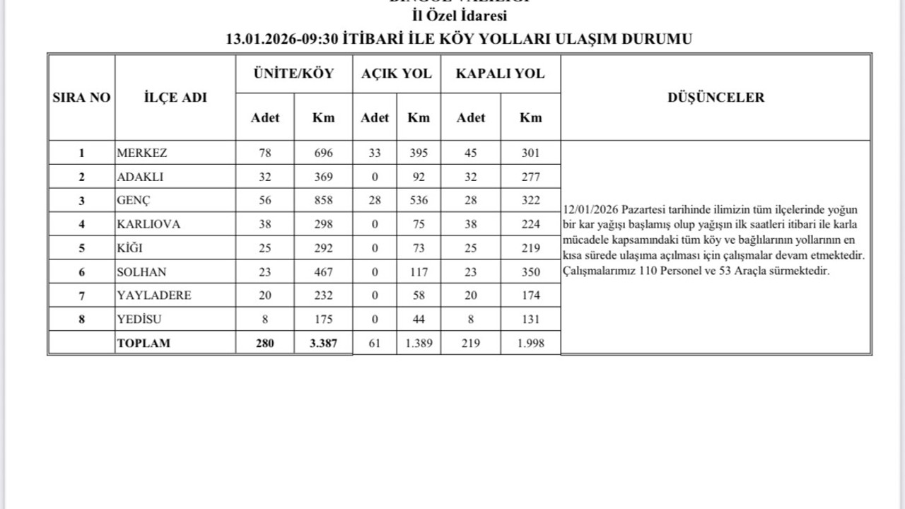 Bingöl genelinde karla mücadele sürüyor, 219 köy yolu kapalı
