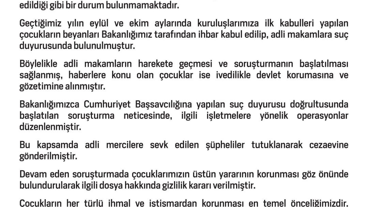 Aile ve Sosyal Hizmetler Bakanlığı: "(Gece kulüplerinde kız çocuklarının çalıştırıldığı iddiası) Söz konusu olay geçtiğimiz yıl ortaya çıkartılmıştır"
