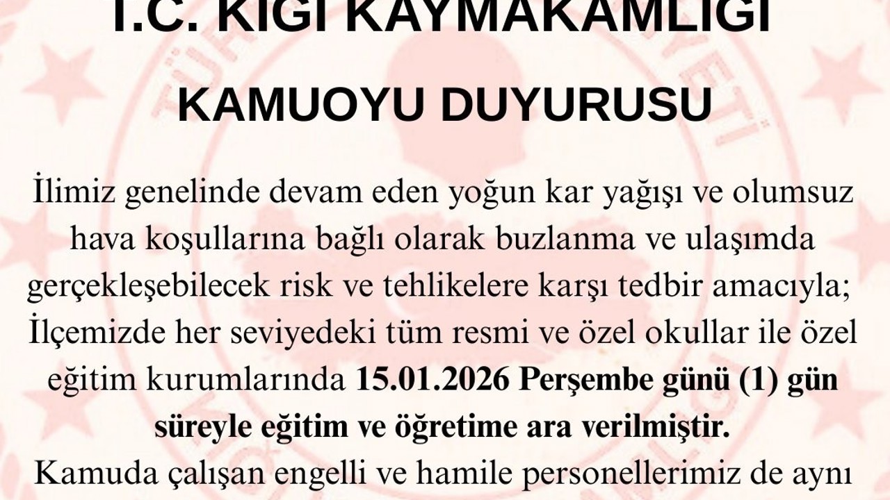 Kiğı ilçesinde eğitime 1 gün ara verildi

