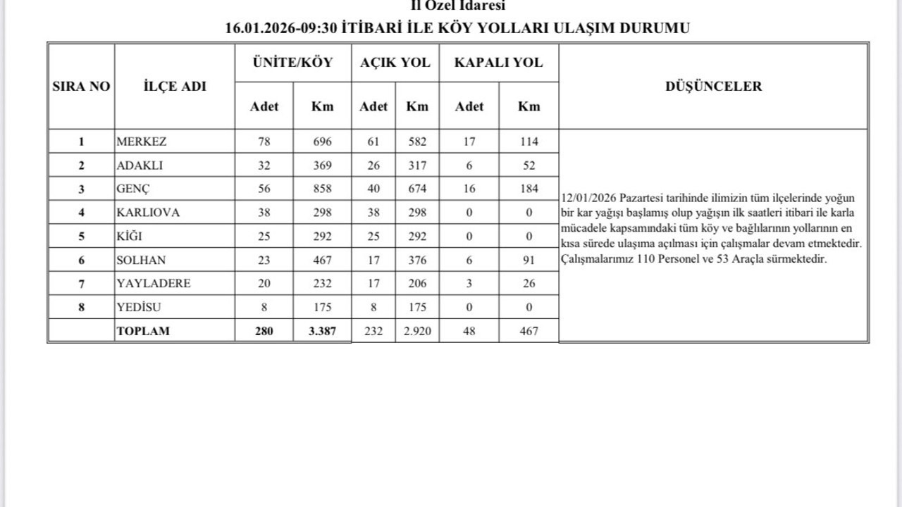 Bingöl’de karla mücadele sürüyor: 232 köy yolu ulaşıma açıldı
