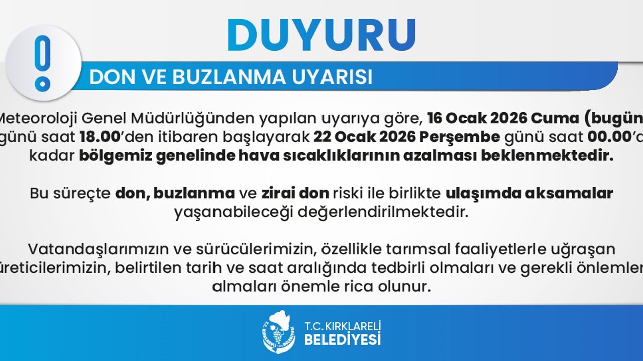 Kırklareli genelinde don ve buzlanma uyarısı: 6 gün sürecek
