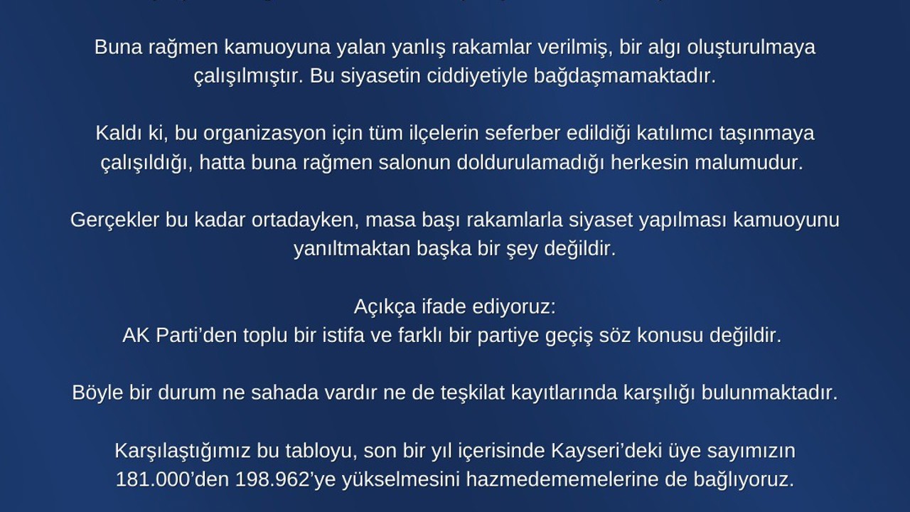 AK Parti Kayseri İl Başkanlığı: "AK Parti’den toplu bir istifa ve farklı bir partiye geçiş söz konusu değildir"
