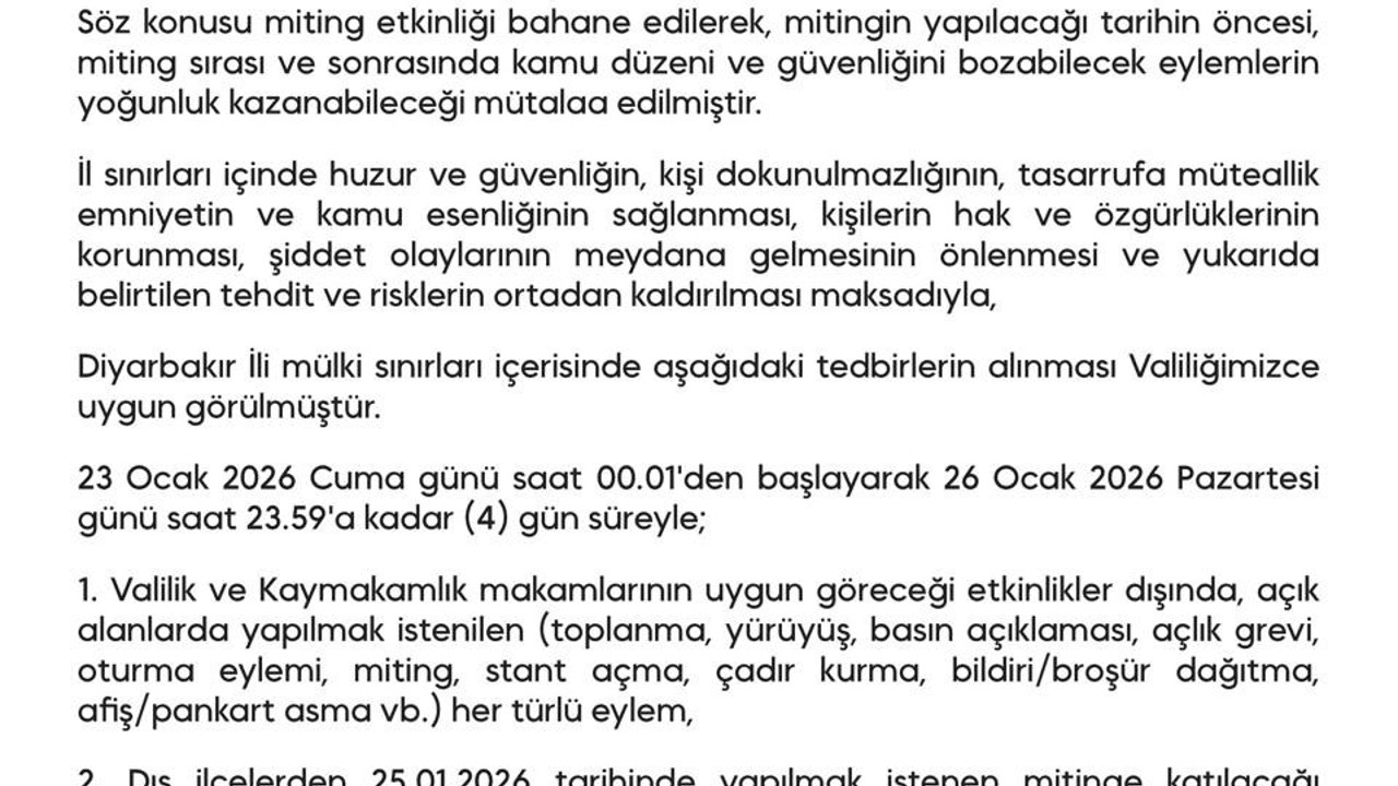 Diyarbakır’da gösteri ve yürüyüşler 4 gün boyunca yasaklandı
