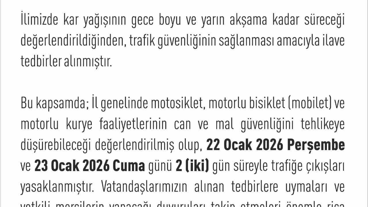 Elazığ’da motosiklet, mobilet ve motorlu kuryelerin trafiğe çıkışları yasaklandı
