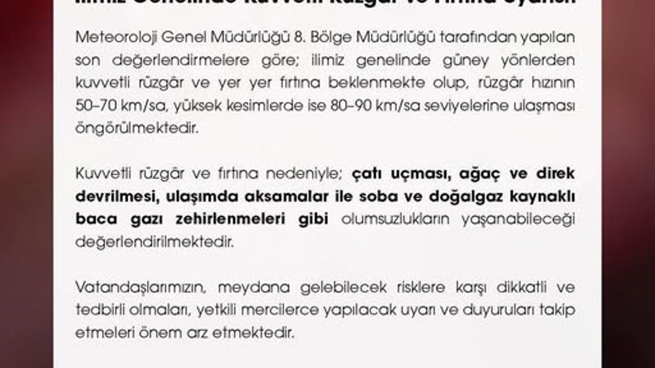 Niğde Valiliği uyardı: Kuvvetli rüzgar ve fırtına bekleniyor
