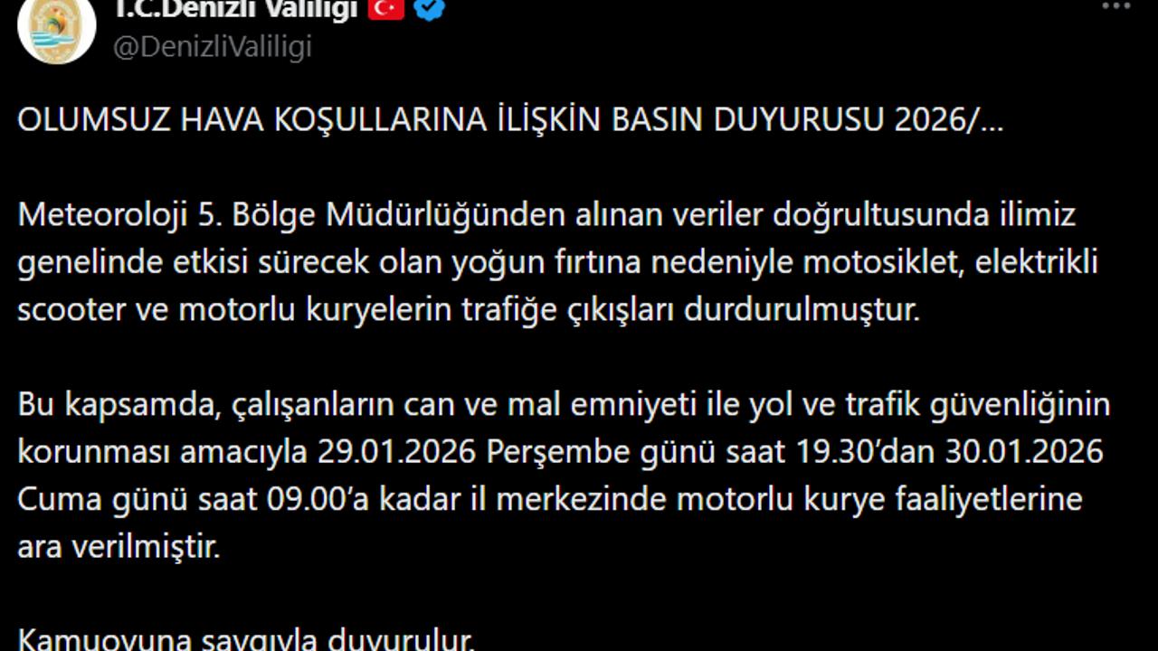 Denizli Valiliği fırtına nedeniyle motorlu kurye faaliyetlerini durdurdu
