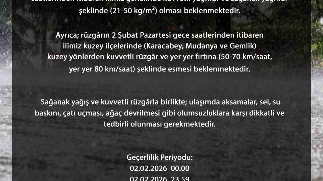 Bursa genelinde kuvvetli sağanak bekleniyor
