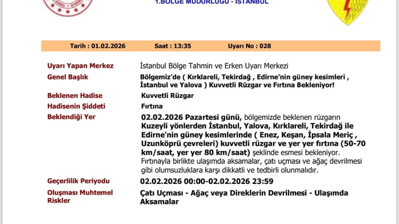 Kırklareli, Tekirdağ ve Edirne için sarı kodlu uyarı
