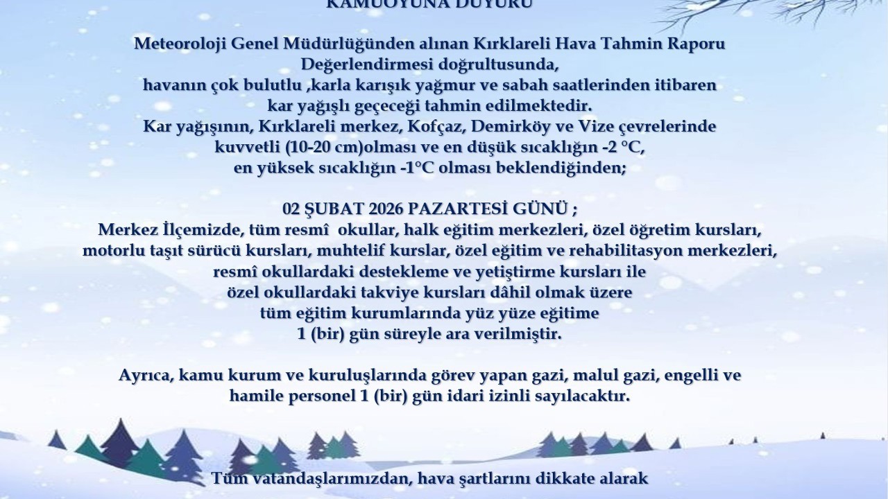 Kırklareli merkez, Kofçaz, Demirköy ve Vize’de eğitime 1 gün ara verildi
